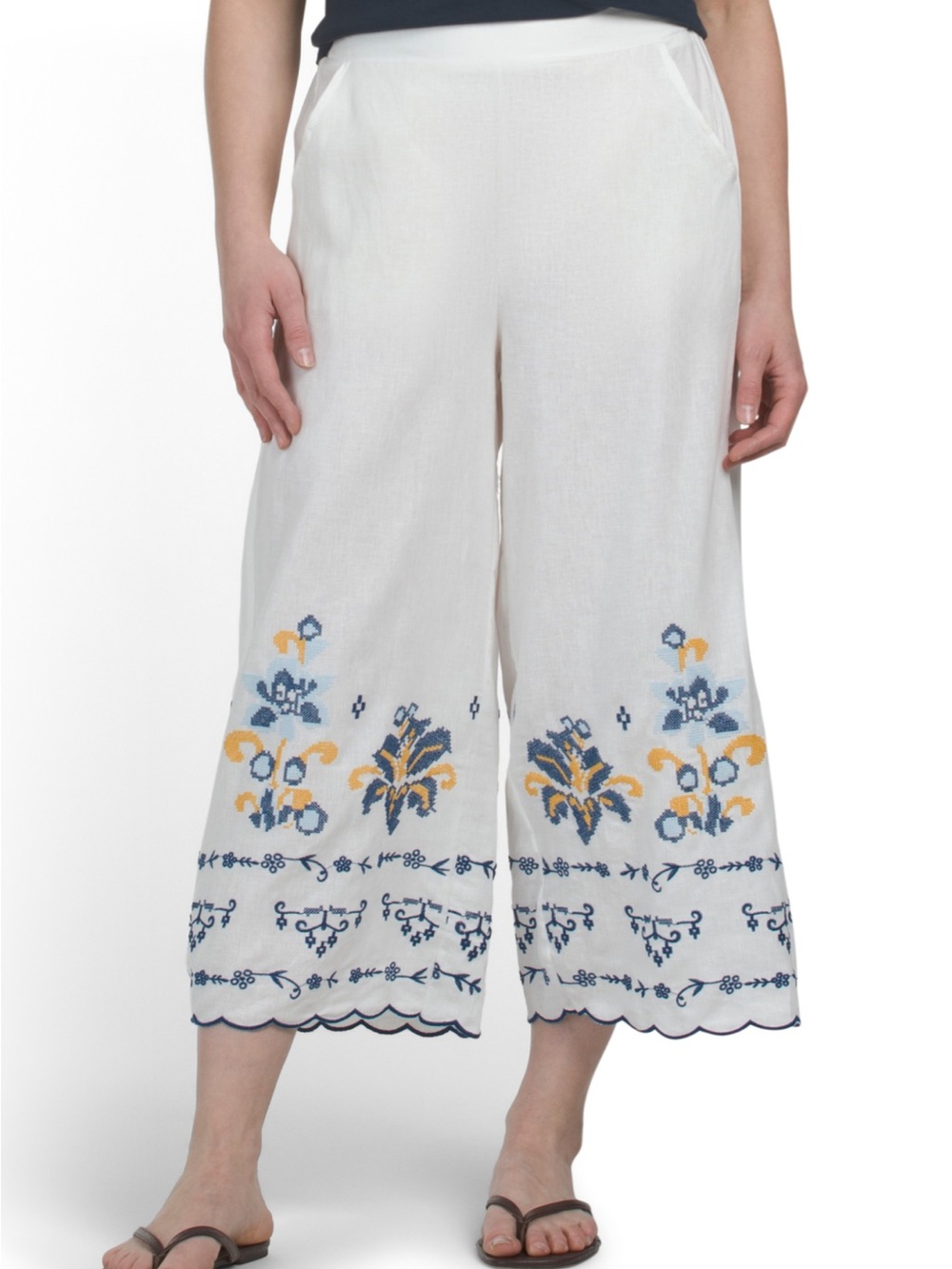 Embroidered Cropped Wide-Leg Pants - White with Blue & Yellow Floral